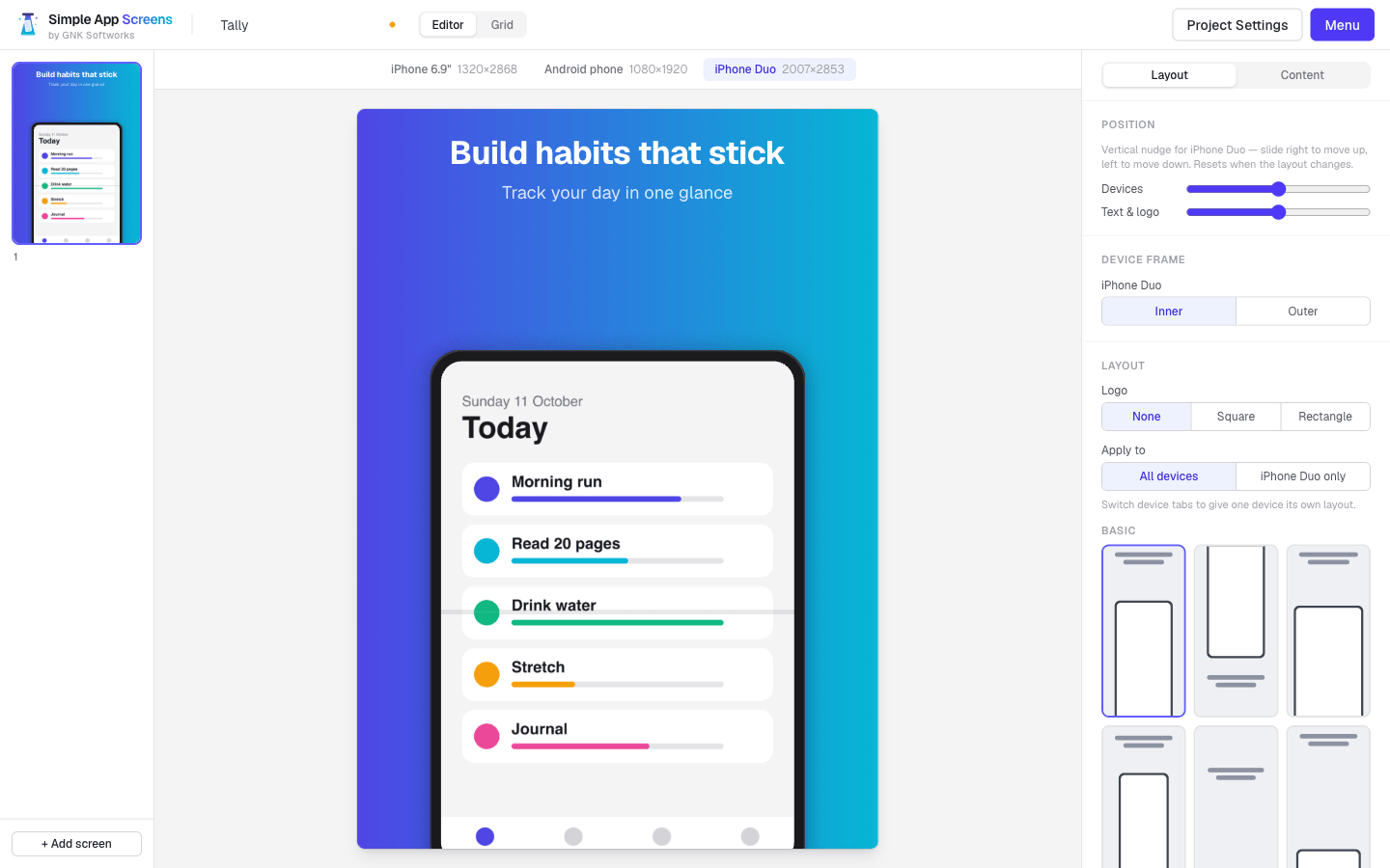 The Simple App Screens editor: a screen list on the left, the canvas in the middle and layout controls on the right.