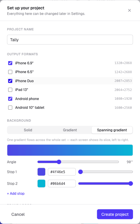 The project setup dialog with iPhone 6.9 inch, iPhone Duo and Android phone ticked under Output formats.