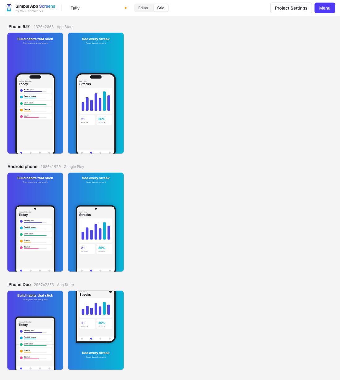 The grid view showing two screens rendered for iPhone 6.9 inch, Android phone and iPhone Duo.